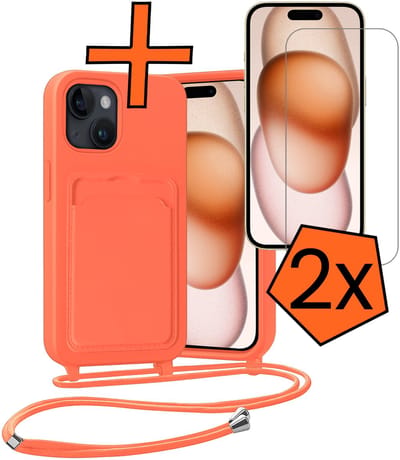 Hoesje Geschikt voor iPhone 15 Hoesje Met Telefoonketting Pasjeshouder Case Met 2x Screenprotector Koord - Hoesje Geschikt voor iPhone 15 Hoes Met Kaarthouder - Papaya