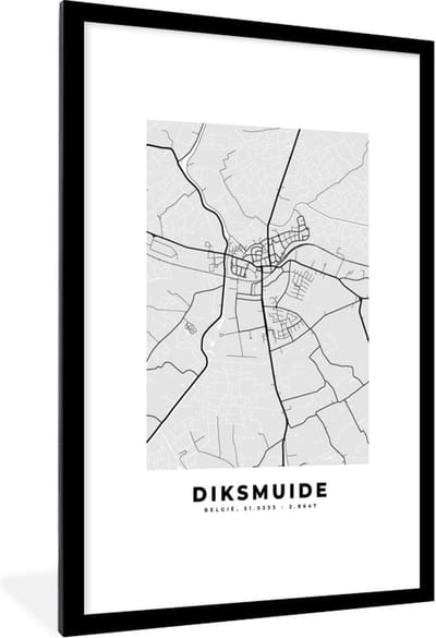 Fotolijst incl. Poster Zwart Wit- België – Diksmuide – Stadskaart – Kaart – Zwart Wit – Plattegrond - 80x120 cm - Posterlijst