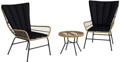 Bistroset - Tuinmeubel 3-delig - Tuinset - Balkonset voor 2 Personen - Tuinmeubelset met 2 Stoelen + Tafel + Kussens - Boho-stijl - Zitgroep - Meubel - Loungeset - Meubelsets - voor Tuin, Balkon, Terras - Natuurlijk + Zwart