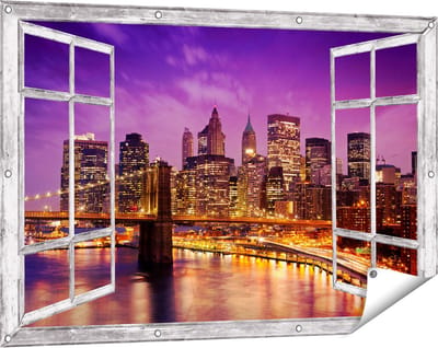 Gards Tuinposter Doorkijk Skyline New York van Centrum in het Paars - 120x80 cm - Tuindoek - Tuindecoratie - Wanddecoratie buiten - Tuinschilderij