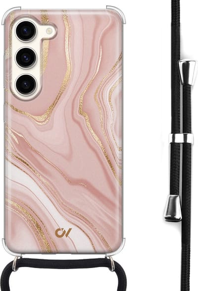 Telefoonhoesje met koord geschikt voor Samsung S23 - Rose Marble - Inclusief koord - Transparant, Roze - - Crossbody beschermhoes - Met Telefoonketting