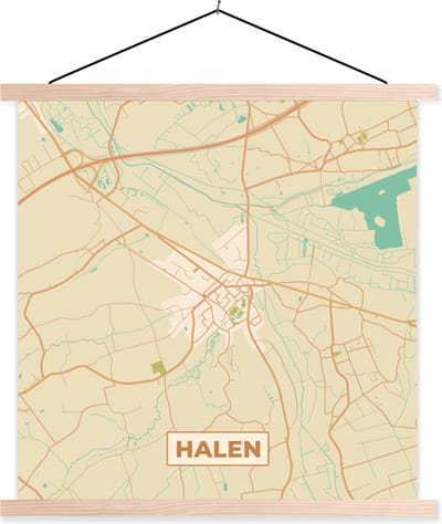 Posterhanger incl. Poster 40x40 cm - Schoolplaat - Halen - Vintage - Kaart - Stadskaart - Plattegrond - Textielposter - Blanke latten - Stadskaart