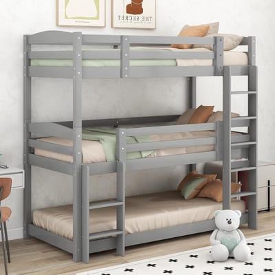 Moimhear Eensize houten driepersoons stapelbed voor kinderen (90 x 200 cm) (grijs)