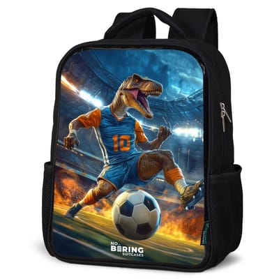 NoBoringSuitcases.com® - Rugzak zwart - Schooltas jongen & meisje - T-Rex als voetballer in vol stadion - Rugtas voor school - Boekentas kind - Schoolrugzak - Kinderrugzak