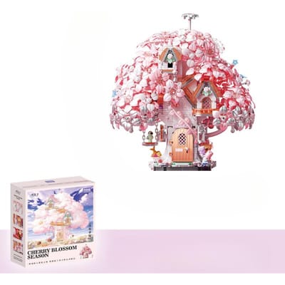 Société Clair de Lune Saison des Cerisiers en Fleurs Printemps Cabane dans les Arbres Blocs de Construction Ornements de Fleurs Jouets Assemblés à Micro-Particules Cadeaux de Vacances Créatifs pour Filles 12*8.3*13cm