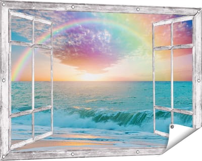 Gards Tuinposter Doorkijk Regenboog in het Water bij het Strand - 120x80 cm - Tuindoek - Tuindecoratie - Wanddecoratie buiten - Tuinschilderij