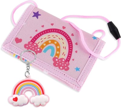 Slimme Kinderen Portemonnee met Ketting, Clip en Rits - Vouwbare Driecompartimenten Portemonnee in Regenboogdesign