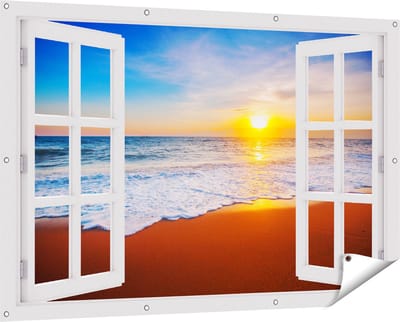 Gards Tuinposter Doorkijk Strand en Zee tijdens Zonsondergang - 150x100 cm - Tuindoek - Tuindecoratie - Wanddecoratie buiten - Tuinschilderij