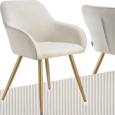 tectake® Eetkamerstoel Marilyn - Gestoffeerde Stoel met Koordlook/ribstof - Gouden Stoelpoten - Ergonomische Keukenstoel - Stoel voor Eetkamer, Woonkamer, Slaapkamer - Creme