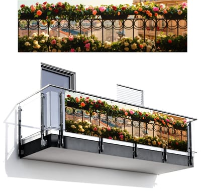 Balkonscherm 300x95 cm - Balkonposter Bloemen - Hek - Stadszicht - Zomer - Balkon scherm decoratie - Balkonschermen - Balkondoek zonnescherm