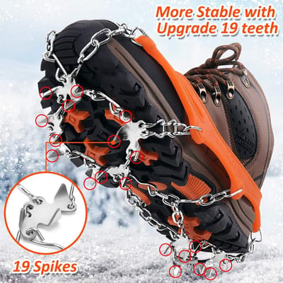 Famanu - IJs Sneeuw Grip, Stijgijzers Spike Schoenen Ice Traction Schoenplaten Antislip Laarzen Spikes voor Schoeisel met 19 RVS Spikes voor Wandelen Jogging Klimmen Wandelen Bergbeklimmen (Geel, M)