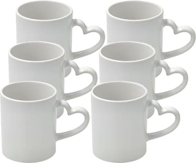 Koffiemok met handvat in hartvorm - 6x - wit - keramiek - 300 ml