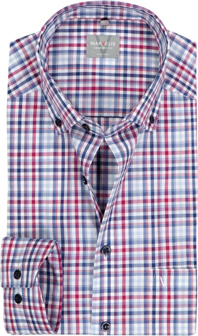 MARVELIS comfort fit overhemd - popeline - rood - wit en blauw geruit - Strijkvrij - Boordmaat: 41 (EU maat: L)