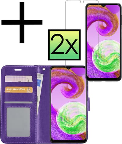 Hoesje - Met 2x Screenprotector - Geschikt voor Samsung Galaxy A04s - Luxe Pasjeshouder - Bookcase Portemonee - Flip Case - Kunstleer Book Case - Flipcase Hoes - Book Cover - Walletcase - Portemonneehoes - Paars
