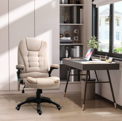 MEUNIQ Bureaustoel met vibratiemassage en verwarming, verstelbare zithoogte 46-56 cm, rugleuning tot 130°, 360° draaibaar met wielen, linnenlook bruin