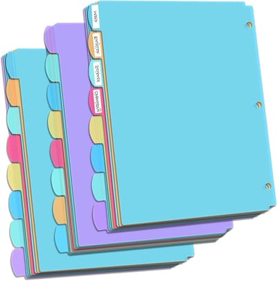 Plastic verdelers met 8 tabbladen voor 3 ringmappen, schrijven en wissen, bestandsverdelers met tabbladen met tabbladen, geschikt voor 8,5 x 11 inch letterformaat papier, diverse kleuren, 3 set