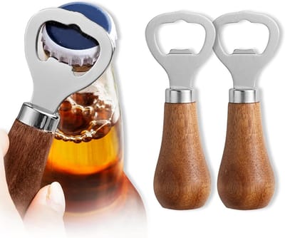 Set van 2 Houten Flessenopeners met RVS, Perfect voor Bier, Frisdrank en Keukengebruik