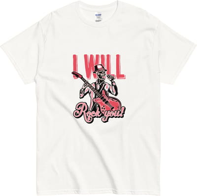 Rock T-shirt Skelet Gitaar - Dames en Heren - Tekst: I Will Rock You - Wit - S