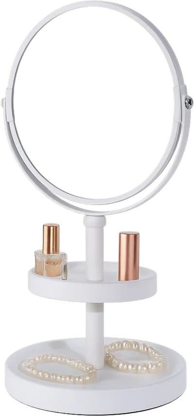 Lomera Make-Up Spiegel - Dubbelzijdige Spiegel - Vergrotende Spiegel - 3X Vergroting - Scheerspiegel - Witte Spiegel - Elegante Spiegel - Matte Finish - Metalen Spiegel - Compacte Spiegel - Draagbare Spiegel - Spiegeletagere