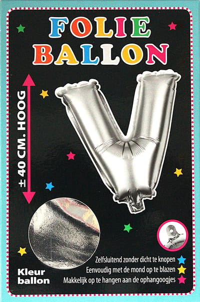 Folieballon - V - Letter Zilver - 40cm - Folie - Ballon - Zelfsluitend - Eenvoudig Met Mond Opblazen - Ophangoogjes - Touche Cards
