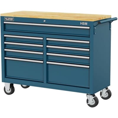 HBM verrijdbare gereedschapswagen, werkbank met houten werkblad 117 cm, blauw