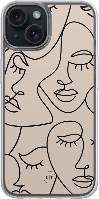 Hoesje geschikt voor iPhone 15 - Abstract faces - 2in1 backcover - Print / Illustratie - Beige - Leuke Telefoonhoesjes