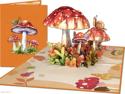 Popcards.nl pop-up kaart - Schitterende pop-up kaart Paddenstoelen met Slak in Herfstkleuren Boswandeling Bos Vliegenzwam Zwammen Bospaddenstoelen | Herfst Wenskaart 3D kaart