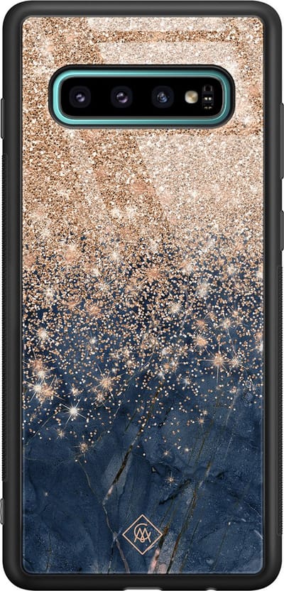 Casimoda® hoesje - Geschikt voor Samsung Galaxy S10+ - Marmer Blauw Rosegoud - Luxe Hard Case Zwart - Backcover telefoonhoesje - Blauw