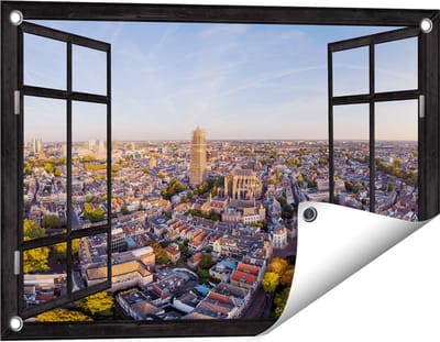 Gards Tuinposter Doorkijk Utrecht vanuit de Lucht - 60x40 cm - Tuindoek - Tuindecoratie - Wanddecoratie buiten - Tuinschilderij
