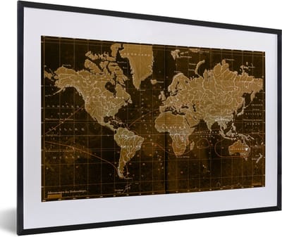 Poster in lijst - Fotolijst 60x40 cm - Posters - Klassieke wereldkaart in het bruin - Posterlijst zwart - Decoratie - Wanddecoratie woonkamer - Muurdecoratie slaapkamer