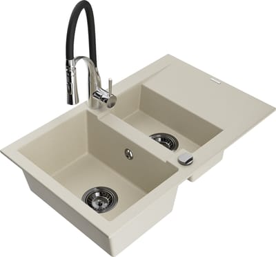 Mexen Gaspar granieten gootsteen 1,5-komor met afdruiprek en keukenkraan Aster, beige - 6507-69-73450-07-B