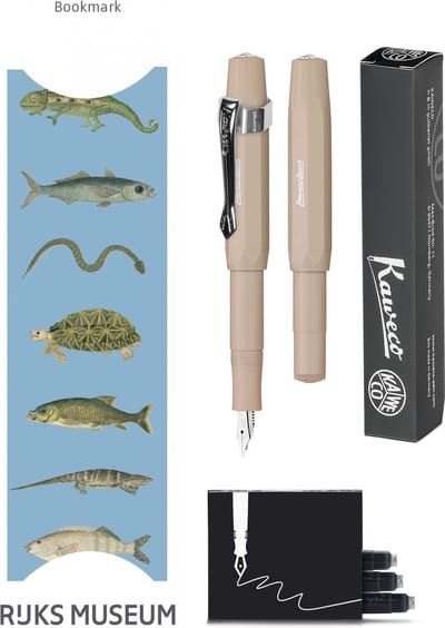 Kaweco - Vulpenset - 4delig - Vulpen Sport Skyline Macchiato Fountain Pen - Fine - Nostalgic Octagonal Clip Chrome - Doosje zwarte vullingen - Bekking & Blitz Boekenlegger - nr24