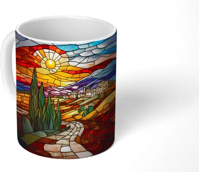 Mok - Koffiemok - Mozaïek - Zon - Landschap - Dorp - Mokken - 350 ML - Beker - Koffiemokken - Theemok