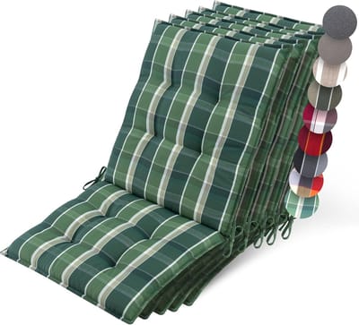 Beautissu Sun-NL – Set van 5 Premium Lage Rugleuning Kussen 100x50 cm - UV-bestendig & 8cm Dik Kussen Tuinstoelkussen Antislip Bevestigingsbanden – Stevige Stof Groen Ruit Gestreept