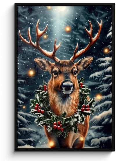 Poster in lijst - Fotolijst 80x120 cm - Posters - Kerst - Magie - Bos - Kleurrijk - Posterlijst zwart - Decoratie - Wanddecoratie woonkamer - Muurdecoratie slaapkamer - Kerstversiering - Kerstdecoratie voor binnen - Kerstmis