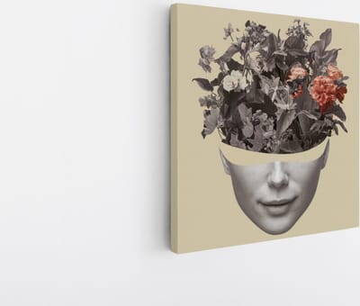Saammp Canvas Schilderij - Vrouw met bloemen als hoofd - Beige - abstract - 20x20 - Foto op canvas - Wanddecoratie - Muurdecoratie Woonkamer - Slaapkamer decoratie - Canvas Print