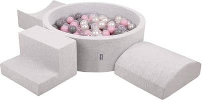 KiddyMoon schuimspeelplaats met rond ballenbad (200 ballen) ballenbakken voor baby's speelbad hindernisbanen, made in the eu, lichtgrijs:pearl/grijs/transparant/powderroze