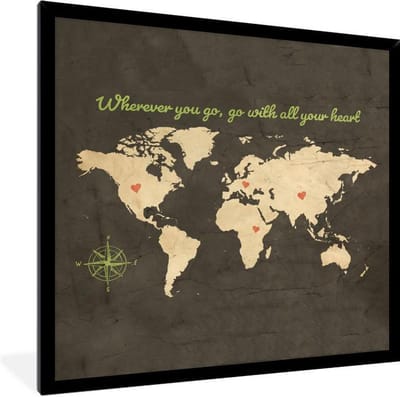 Fotolijst incl. Poster - Wereldkaart - Liefde - Vintage - 40x40 cm - Posterlijst
