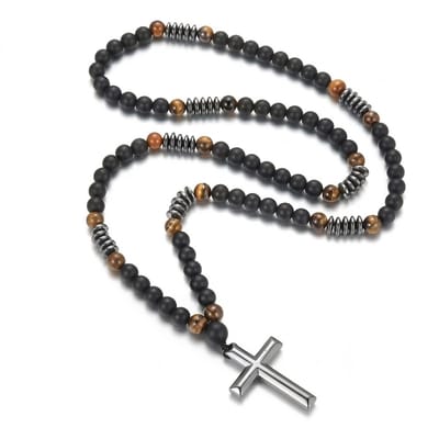 Kralen ketting met zwarte en bruine kralen en zilverkleurige kruis hanger – sieraad voor heren en dames