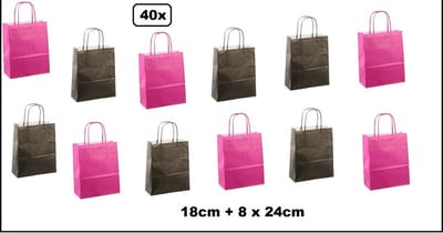 40x Koordtas papier mix fuchsia en zwart 18cmx8cmx24cm - goodiebag|papieren|draagtas|tas|koord|festival|kado|themafeest|party|geschenken