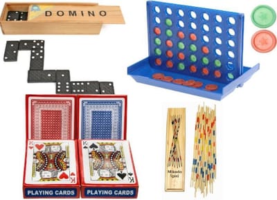 Spellen pakket vakantie reis spelletjes editie - 5 delig - mikado, kaartspellen 2x, domino en 4 in lijn - spellenpakket