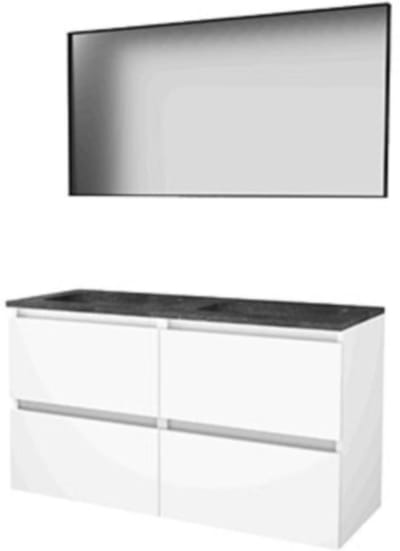 Basic-Line Framed 46 Badkamermeubelset - 120 x 46 cm - Greeploos - 2 Lades - Hardstenen Wastafel - 2 Kraangaten - Spiegel met Zwart Aluminium Frame - Ice White