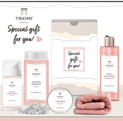 Geschenkset “Special Gift For You!” - 5 producten - 1100 gram - Triomf Cosmetica | Giftset voor haar Speciaal voor jou Luxe wellness cadeaubox Moederdag Cadeau Set Valentijnsdag Geschenk verjaardag Cadeaupakket Kerst Vriendin Zus Moeder Zalmroze