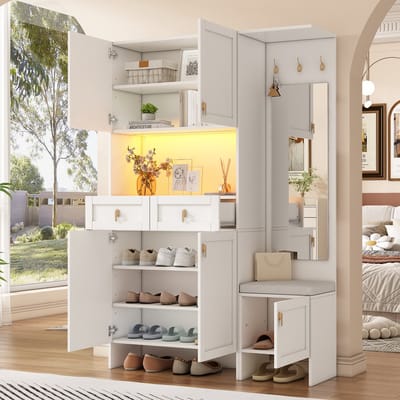 Kledingkastset - wandgarderobe; met schoenenbank en schoenenkast - met haken - deur - lade - spiegel - wit - 120x180x33 -5 cm
