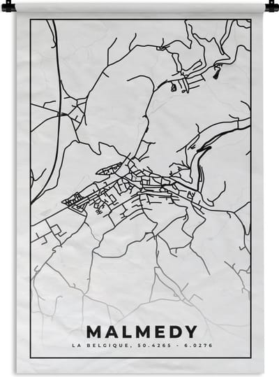 Wandkleed - Wanddoek - Plattegrond – Malmedy – Zwart Wit – Stadskaart - Kaart - België - 120x180 cm - Wandtapijt