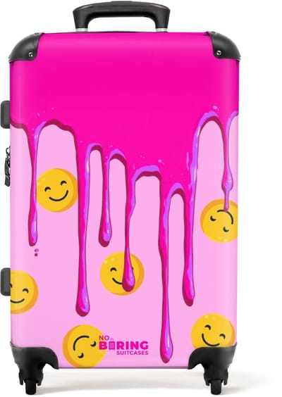 NoBoringSuitcases.com - Grote koffer - Druipend roze verf over smiley's - Kinderkoffer geschikt voor jongen en meisjes - Reiskoffer met 4 wielen - Trolley op wieltjes - Rolkoffer groot kinderen - 72 liter - Ruimbagage valies 20kg