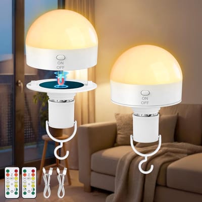 SnelShoppen - Oplaadbare Gloeilamp E27 met Afstandsbediening, Dimbaar en Magnetisch, 2-10 W, USB-C Batterij, 3 Kleuren, Accu, Voor Camping, Tuin, Fees