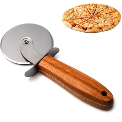 Roue Coupe-Pizza en Acier Inoxydable Coupe-Pizza de Cuisine avec Manche en Bois Antidérapant marron
