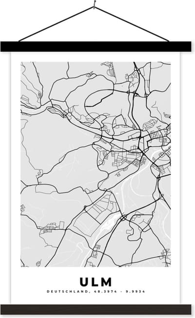 Posterhanger incl. Poster 40x60 cm - Schoolplaat - Duitsland - Plattegrond - Kaart - Ulm - Stadskaart - Textielposter - Zwarte latten - Stadskaart