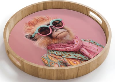 Dienblad rond 40x40 cm - Schootdienblad hout - Sjaal - Aap - Zonnebril - Jasje - Borrelplank rechthoek - Plateau houten dienbladen